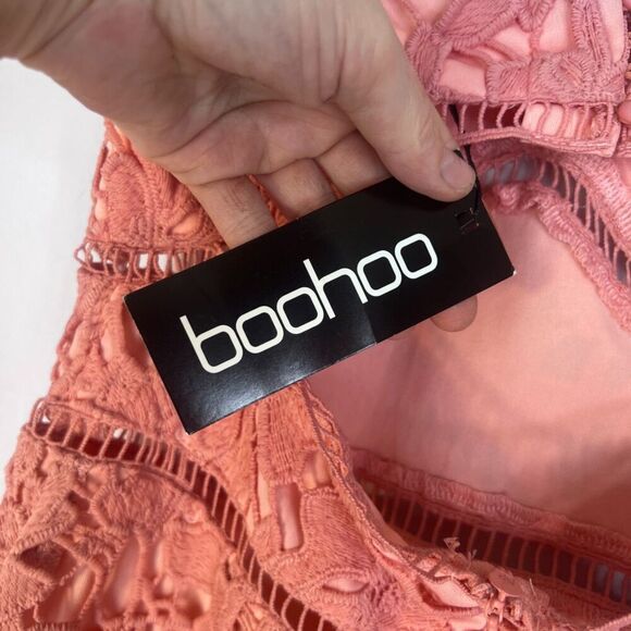 Boohoo NWT Pink Embroidered Floral Lace Cutout‎ Midi Bodycon Dress Size 6 - Picture 9 of 14
